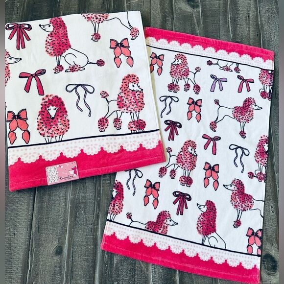 Pink Poodle Dog Bows Print Valentine Bath Towels Set - Picture 1 of 3
